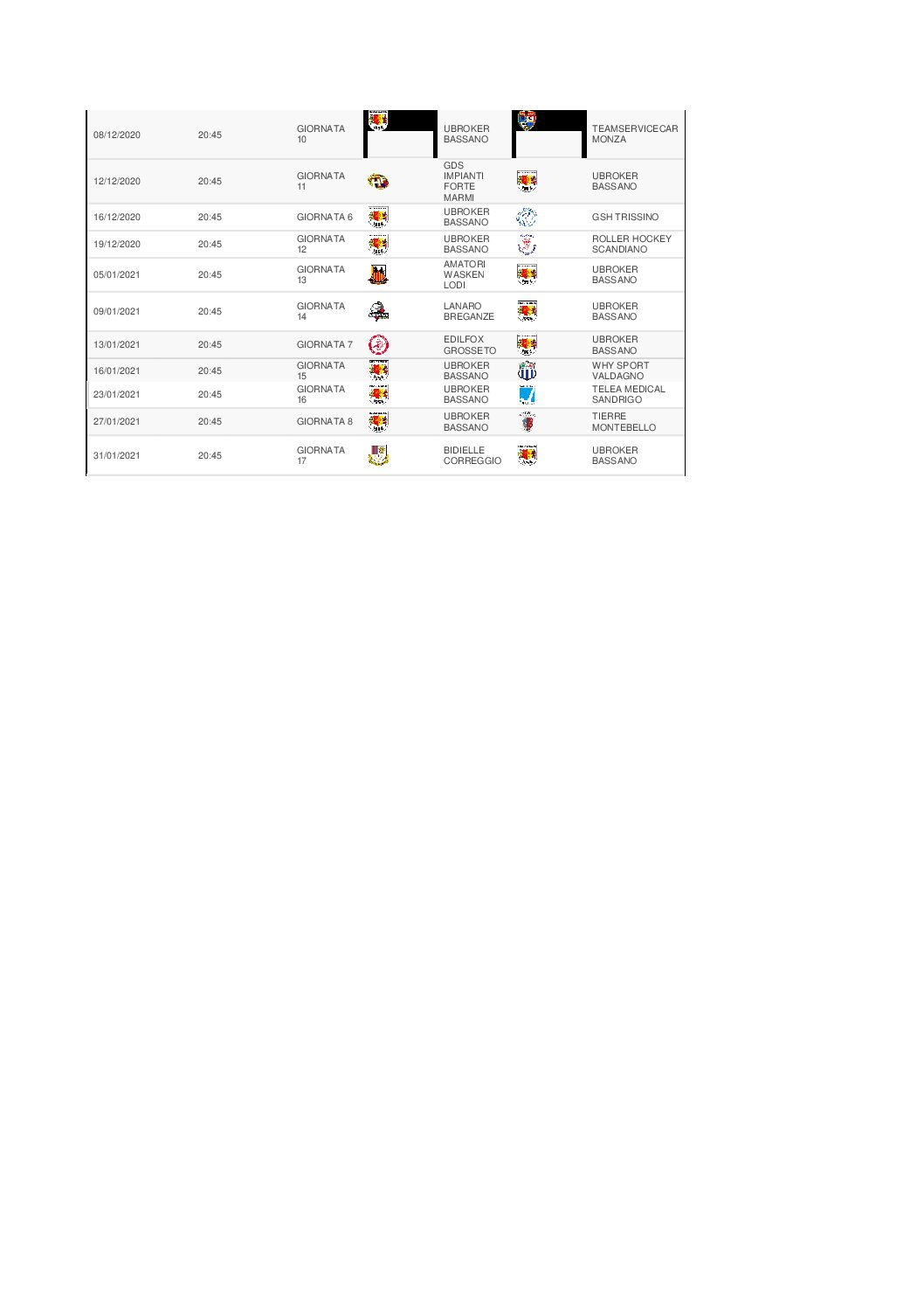 il calendario aggiornato dell’Ubroker Bassano